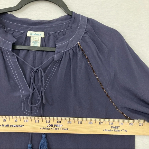 Sundance Navy Purple 100% Silk Tie Front Long Sleeve Top size Small - Picture 5 of 9